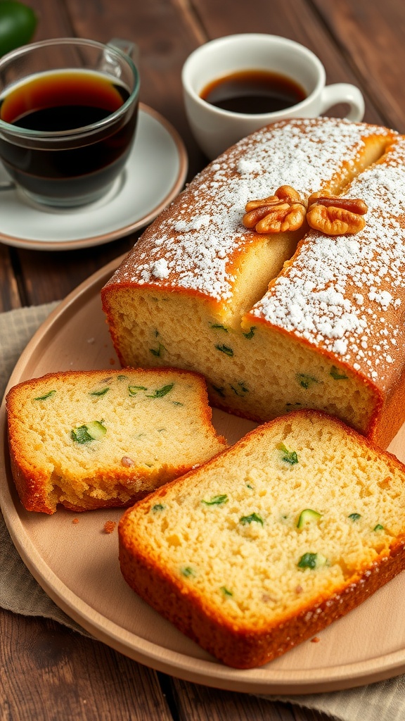 A slice of zucchini bread cake with powdered sugar on top, showcasing the moist texture and flecks of green zucchini.
